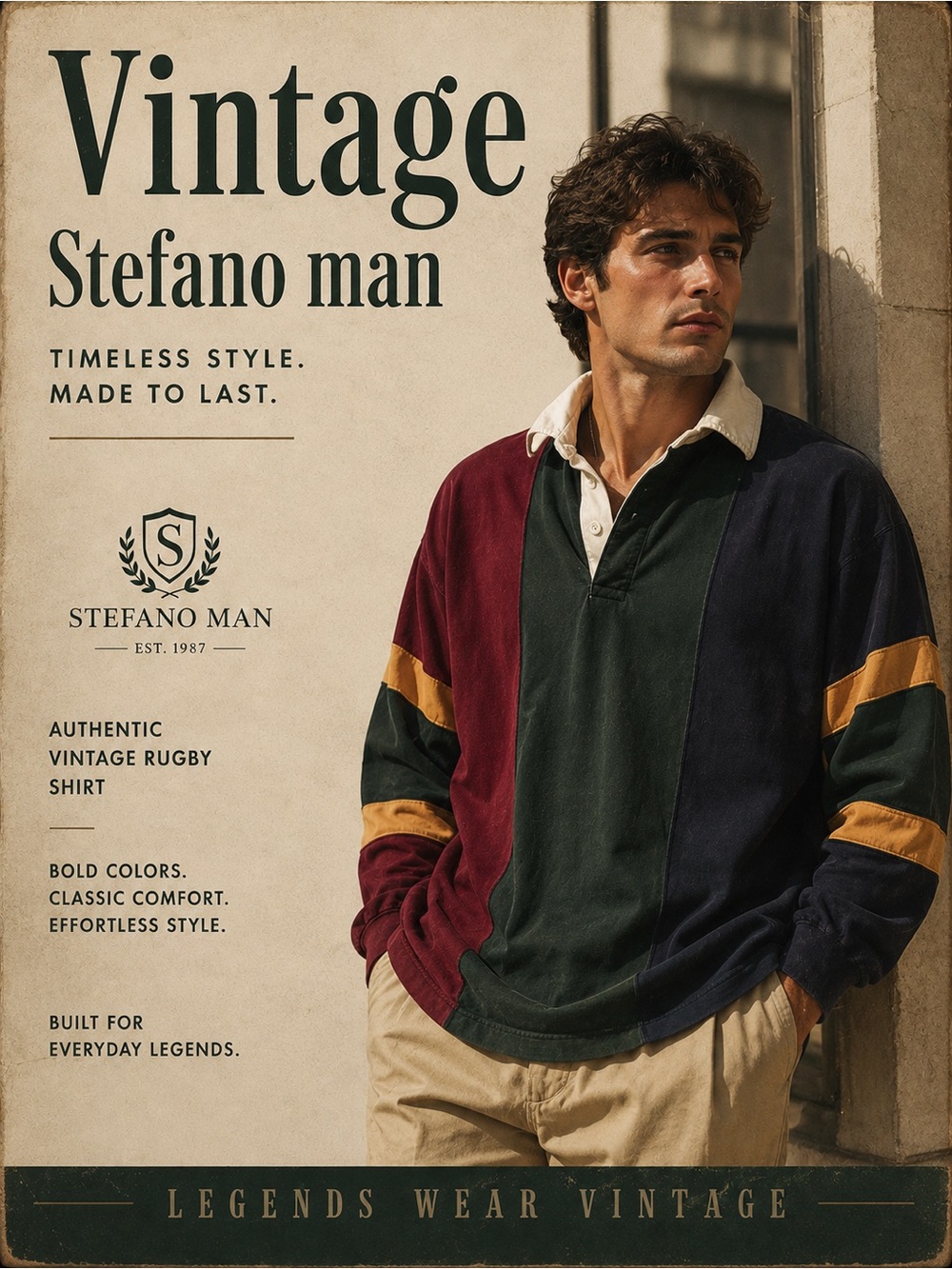 Stefano Man Vintage Colorblock Rugby Shirt - Burgundy/Green/Navy small